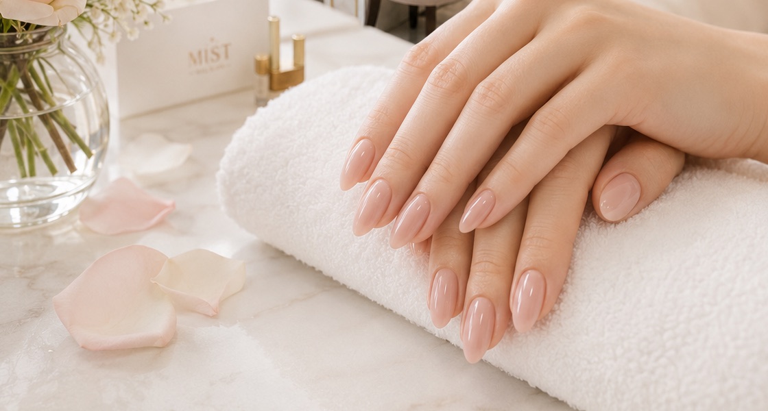 Freshly finished nails resting on a rolled towel, roses and petals beside