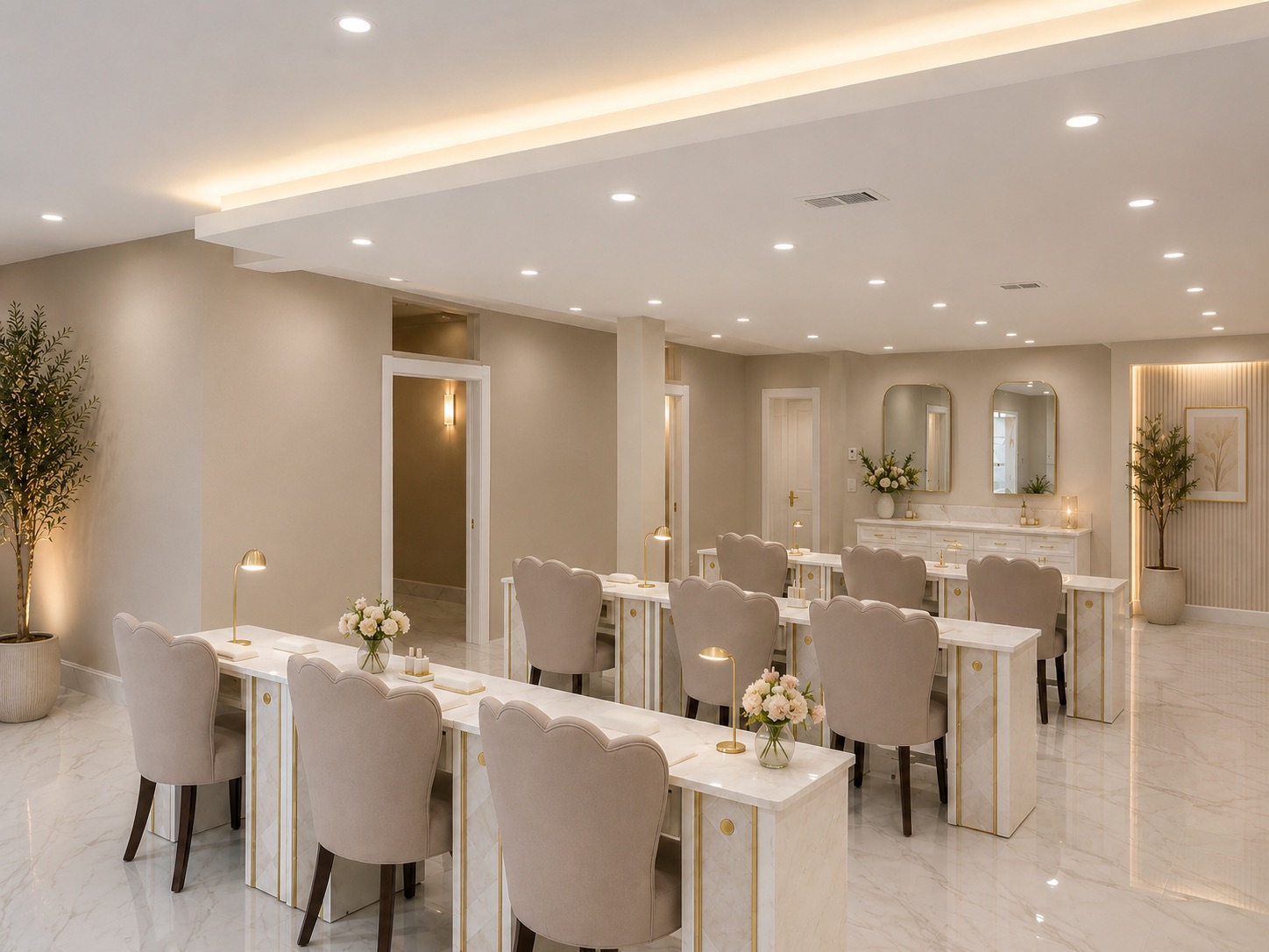 The manicure room: marble-topped tables with brass lamps and fresh flowers, scalloped chairs, warm cove lighting