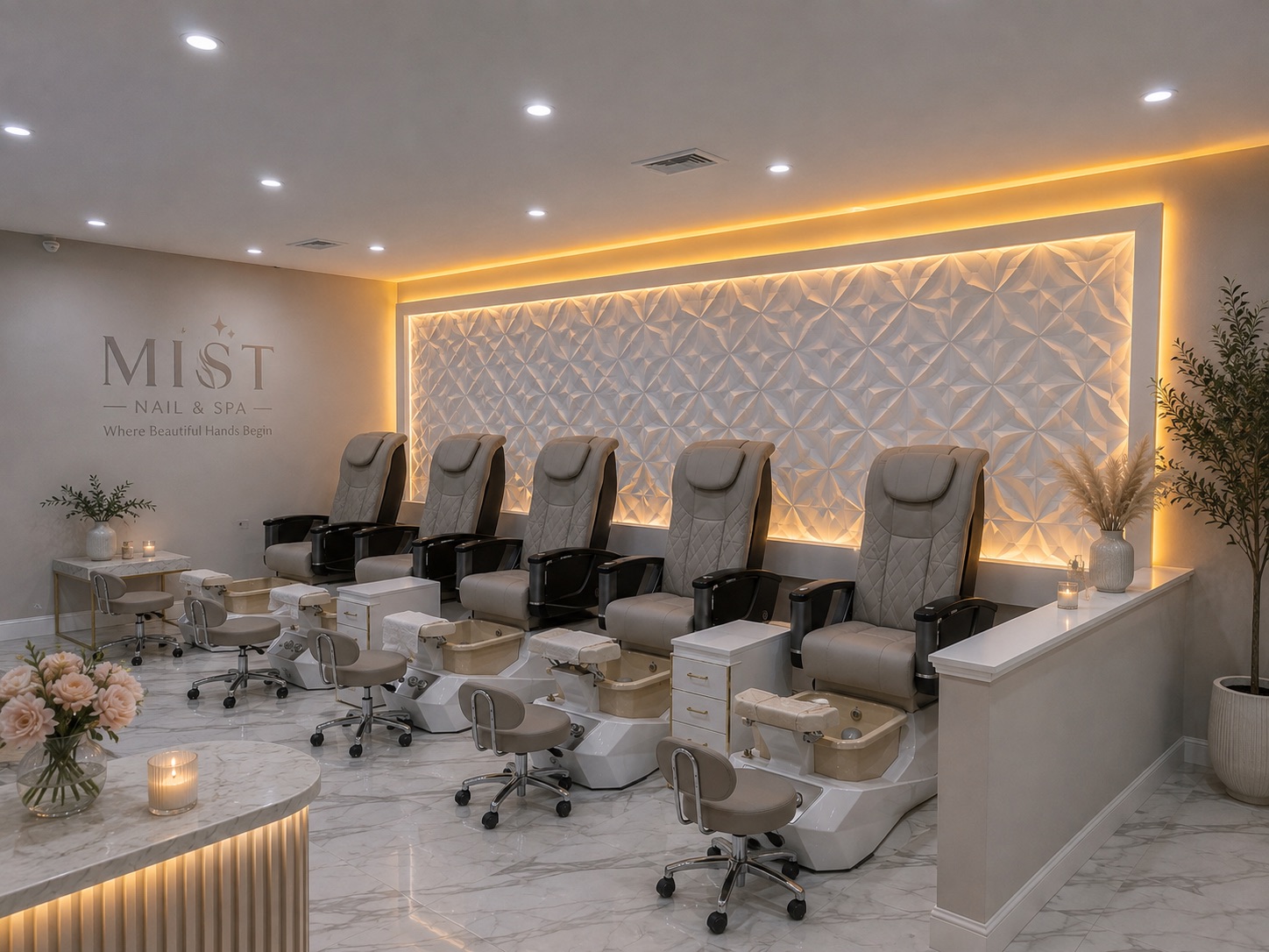 The pedicure room at Mist Nail and Spa: five plush chairs along a backlit sculpted wall, with the Mist logo painted on marble